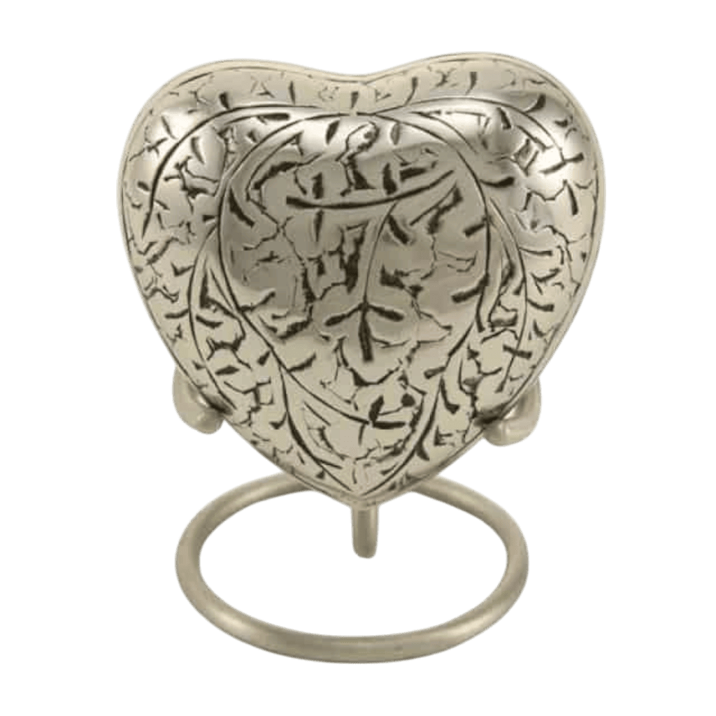 Antique Silver Oak Heart Classic Urns Brass Silver Memorial | SKU: AMU-AU2813H