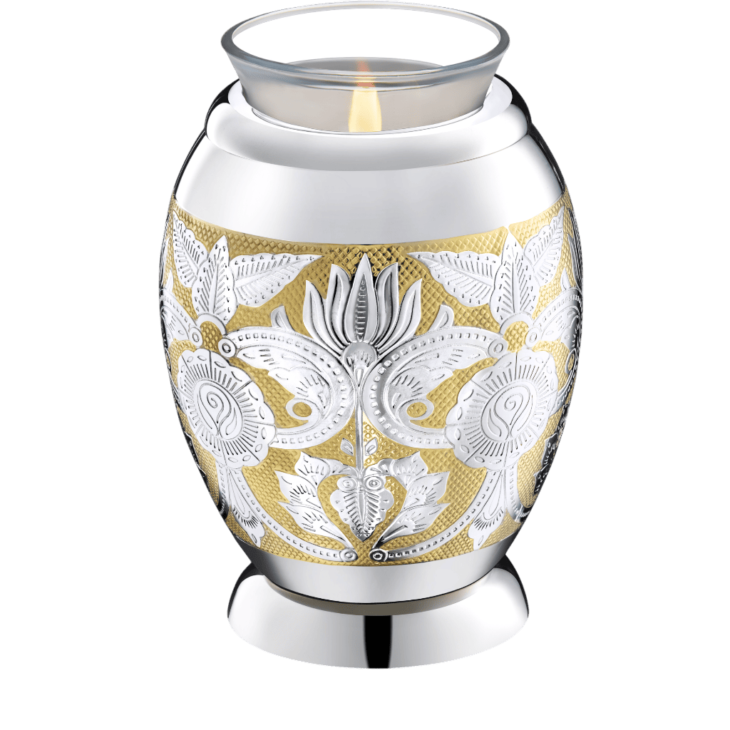 Elegant Floral Tealight Tealights Brass / Glass Silver Memorial | SKU: AMU-AULT250