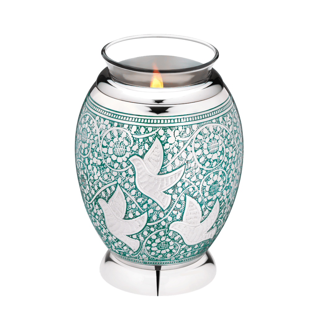 Returning Home Tealight Tealights Brass / Glass Green Memorial | SKU: AMU-AULT501