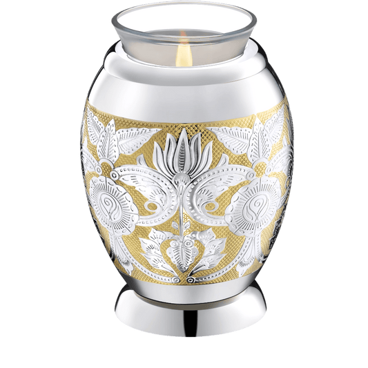 Elegant Floral Tealight  Tealights  Brass / Glass  Silver  Memorial | SKU: AMU-AULT250