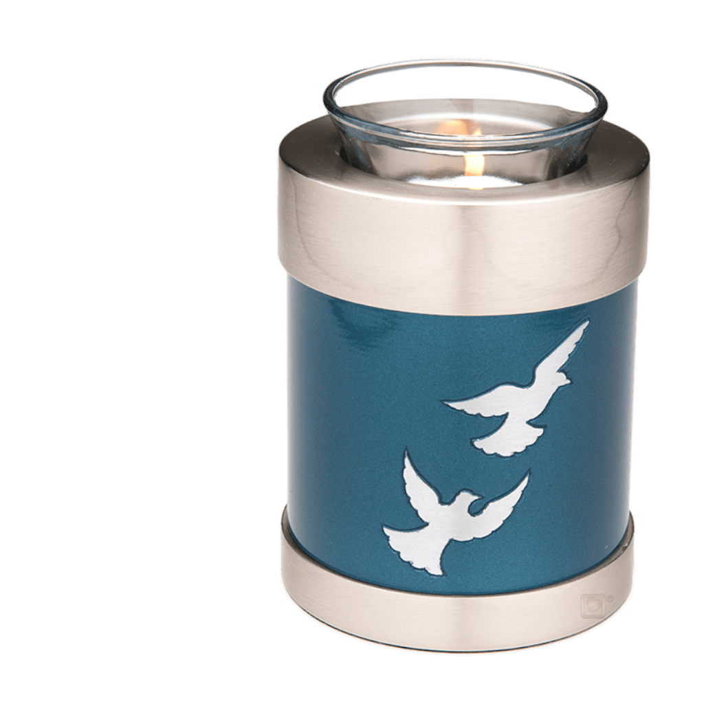 Flying Doves Tealight  Tealights  Brass / Glass  Blue  Memorial | SKU: AMU-AULT572